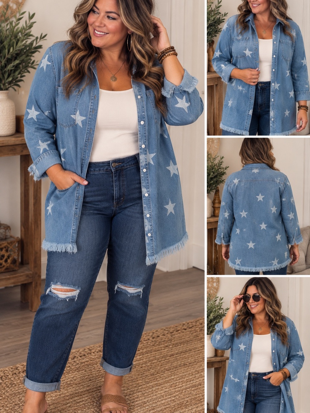 Plus-Size Star Print Light Wash Denim Shacket - Blue